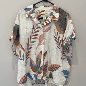 Cynthia Rowley White Linen Printed Button-Up Top with Multicolor Leaf Pattern